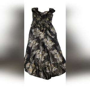 Terani Couture Black and Gold Floral Maxi Dress